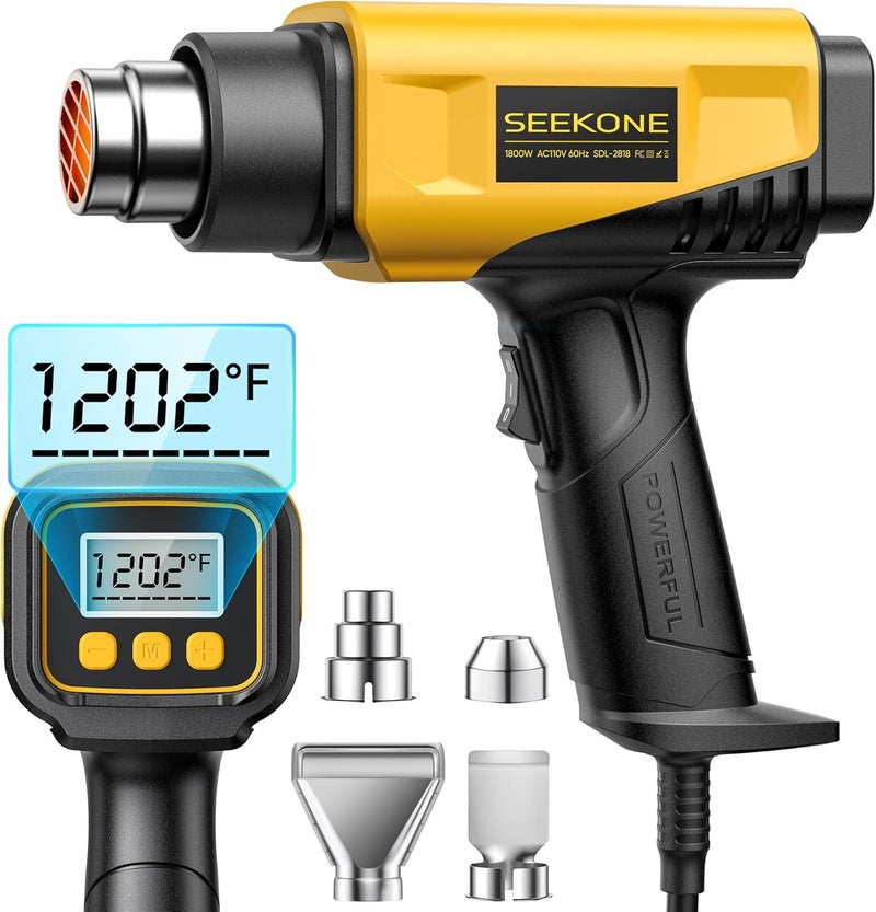 SEEKONE 1800W Heat Gun with LCD Digital Display Compact Design Hot Air Gun Variable Temperature Control 122℉-1202℉（50℃- 650℃）with Memory Function and 4 Nozzles for Crafts, Vinyl Wrap, Shrink Tubing - Image 1